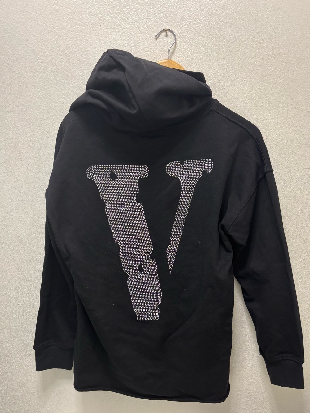 VLONE Black Crewneck Hoodie with Rhinestone V